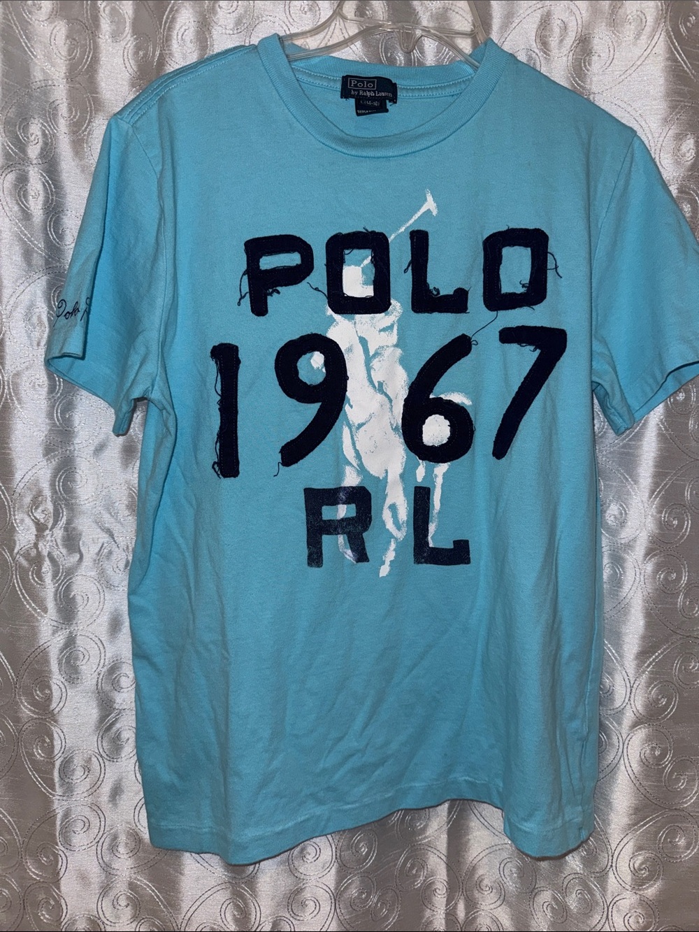 Polo by Ralph Lauren Light Blue Graphic Tee with Navy Texture Youth Size L 🔥 G15